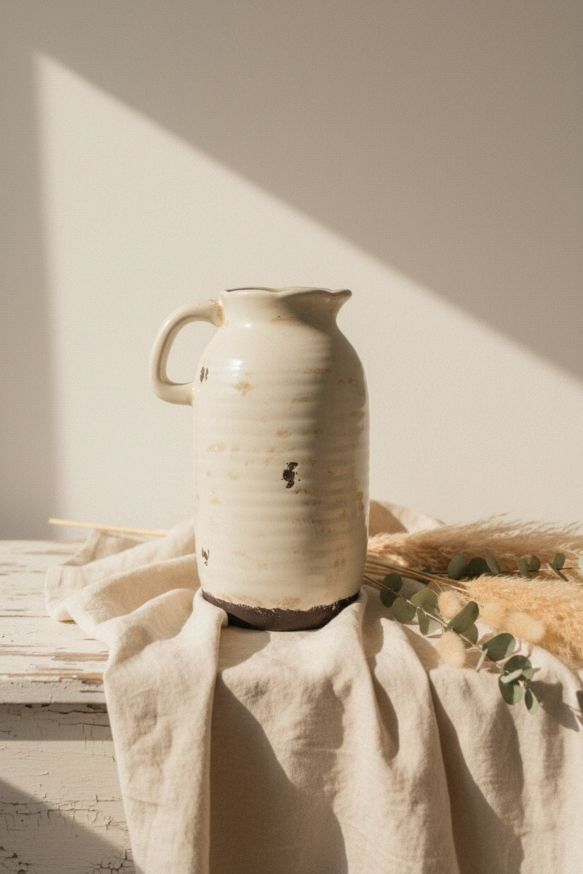 Ribbed Ceramic Pitcher Vase
