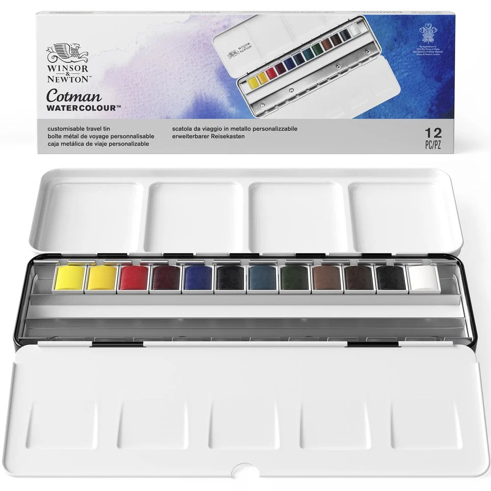Winsor & Newton Cotman 12 Half Pan Travel Tin open showing colour pans and mixing space annotated