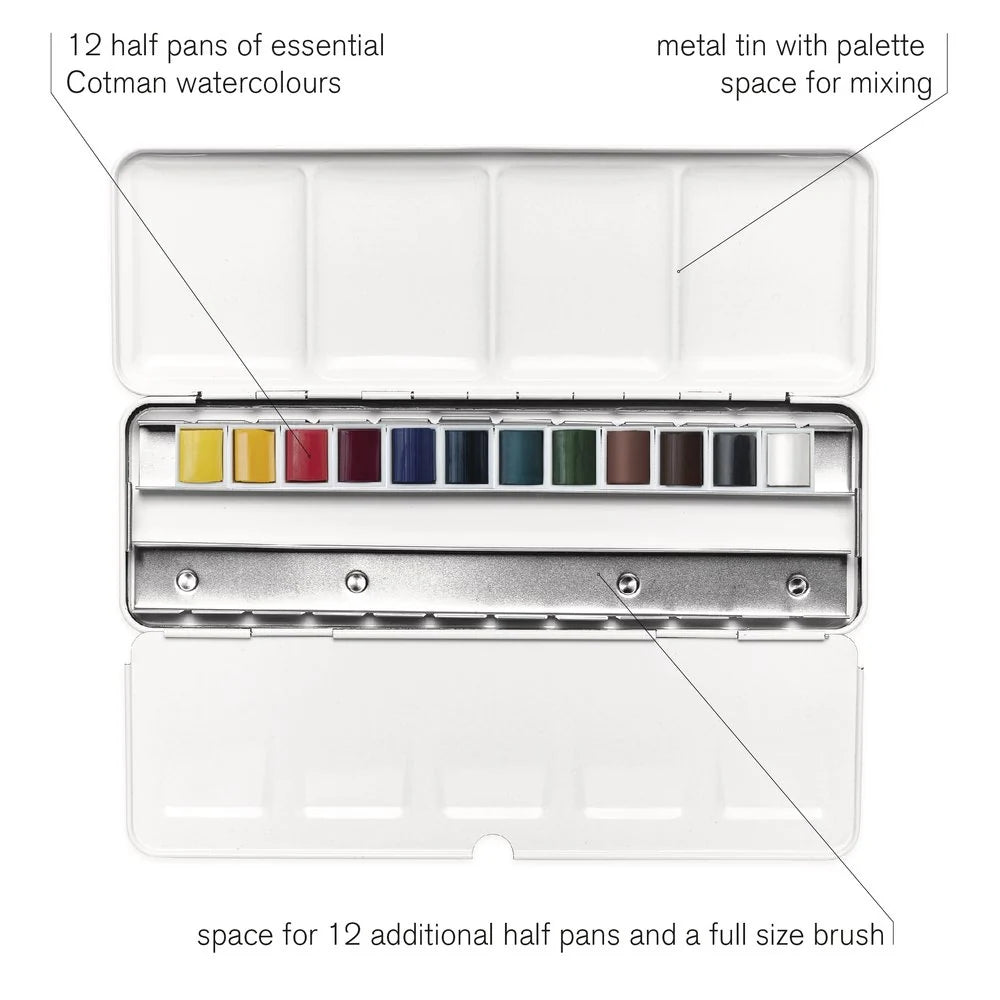 Winsor & Newton Cotman travel tin open showing 12 half pans and mixing palette in use with watercolour circles