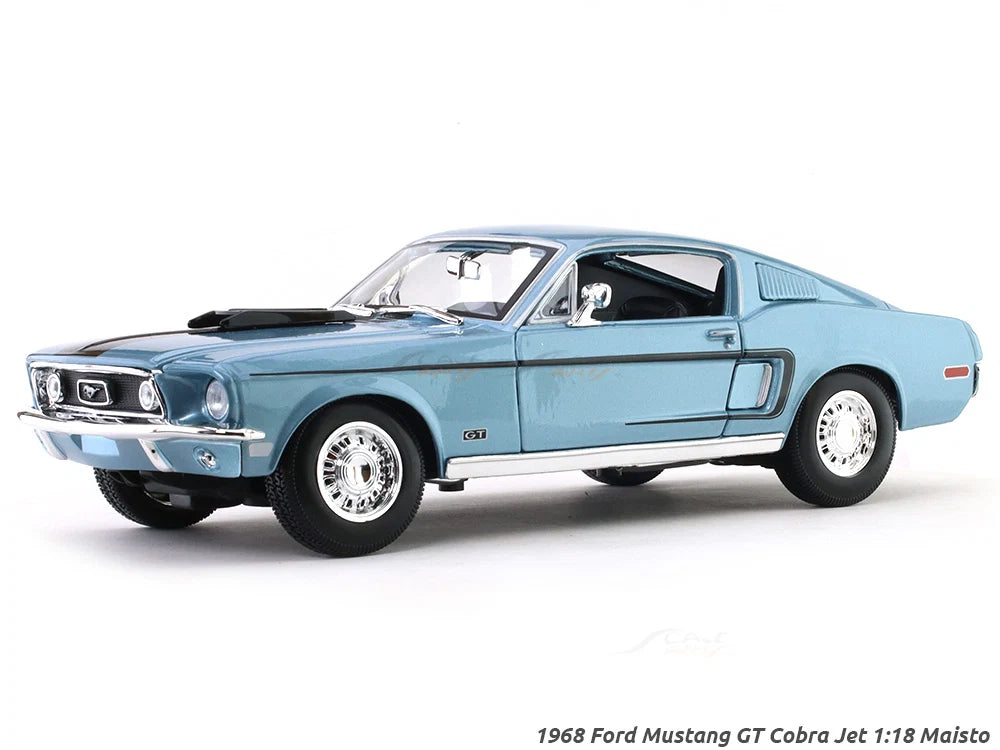 Maisto 1968 Ford Mustang GT Cobra Jet Die-Cast Model Car – Acapulco Blue 1:18 Scale