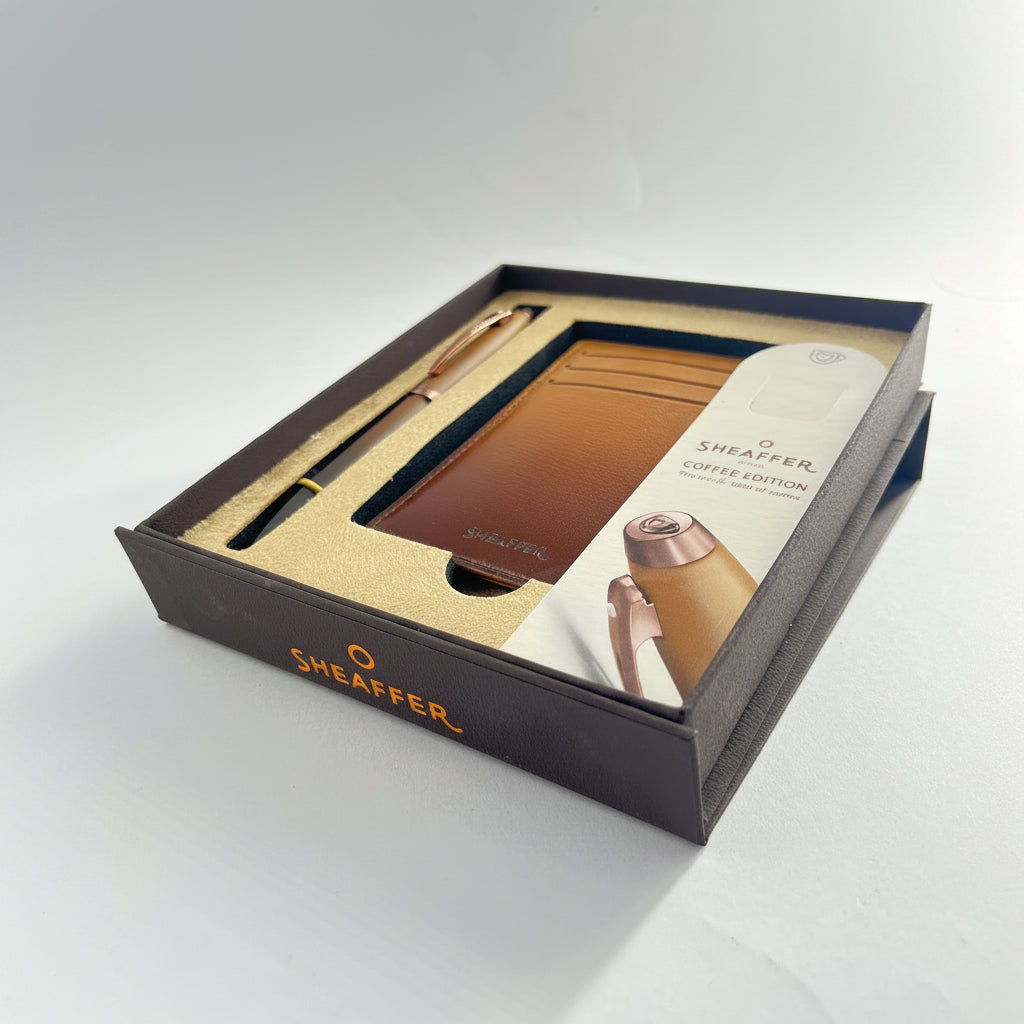 Sheaffer Gift Set 100 9374 Coffee Edition Ballpoint Pen with Regal Brown PVD Trims and Credit Card Holder - Matt Brown