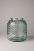 Diamond cut recycled glass bowl vase in smoky teal on a wooden surface