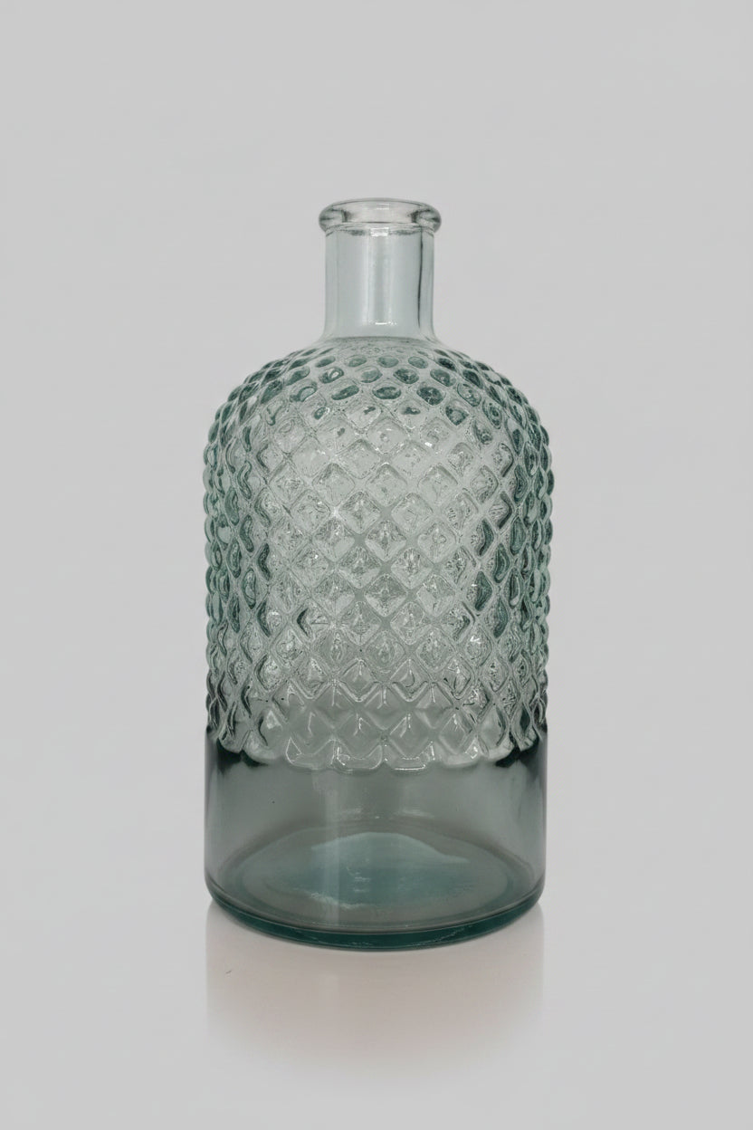 Diamond cut recycled glass bottle vase in aqua teal