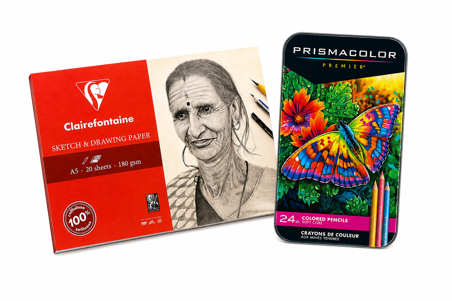 Prismacolor Premier 24 Soft Core Colored Pencils + Clairefontaine A5 Sketch & Drawing Paper Set