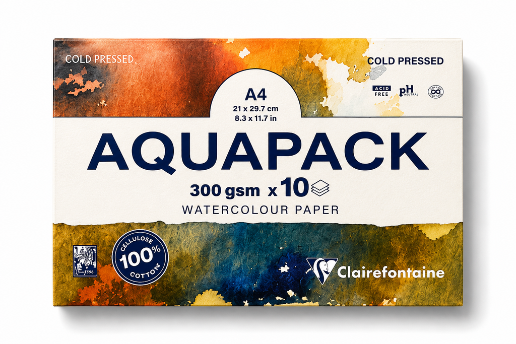 Winsor & Newton Cotman travel tin open with Clairefontaine Aquapack A4 watercolour paper set flat lay