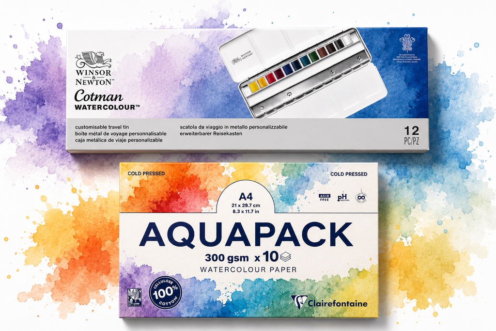Winsor & Newton Cotman 12 Half Pan Travel Tin with Clairefontaine Aquapack A4 watercolour paper set lifestyle