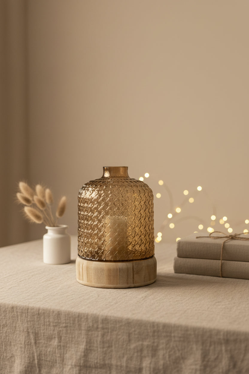 Smoked Glass & Wood Base Textured Vase