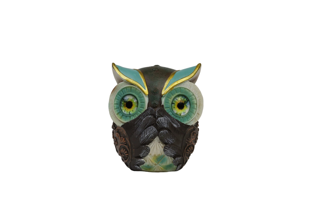 Decorative owl figurine - back view with red and gold ear tufts