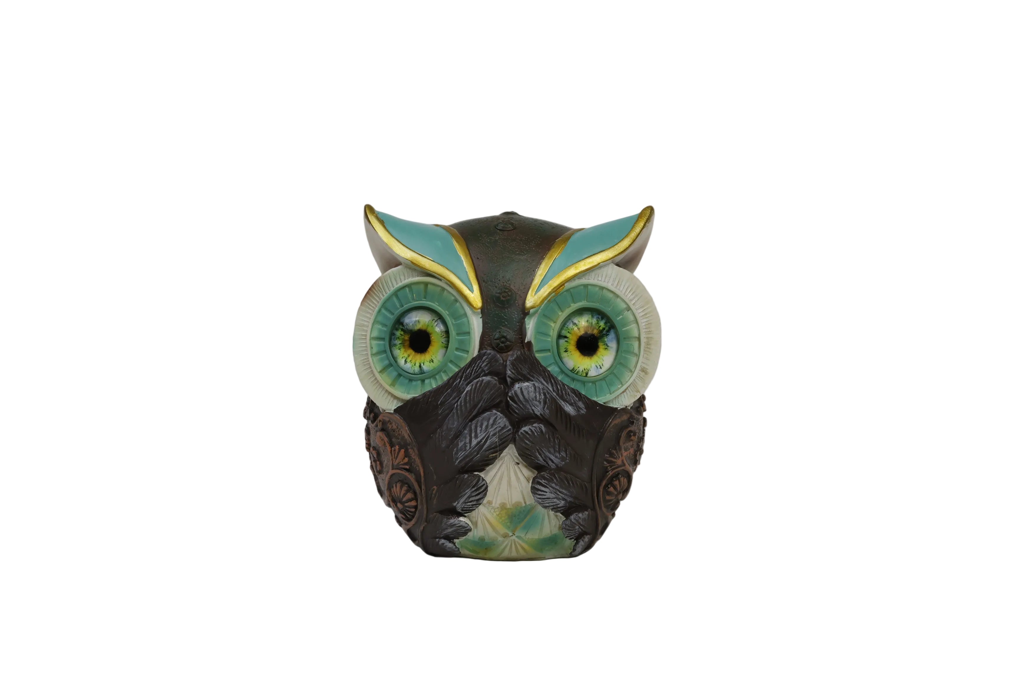 Decorative owl figurine - back view with red and gold ear tufts