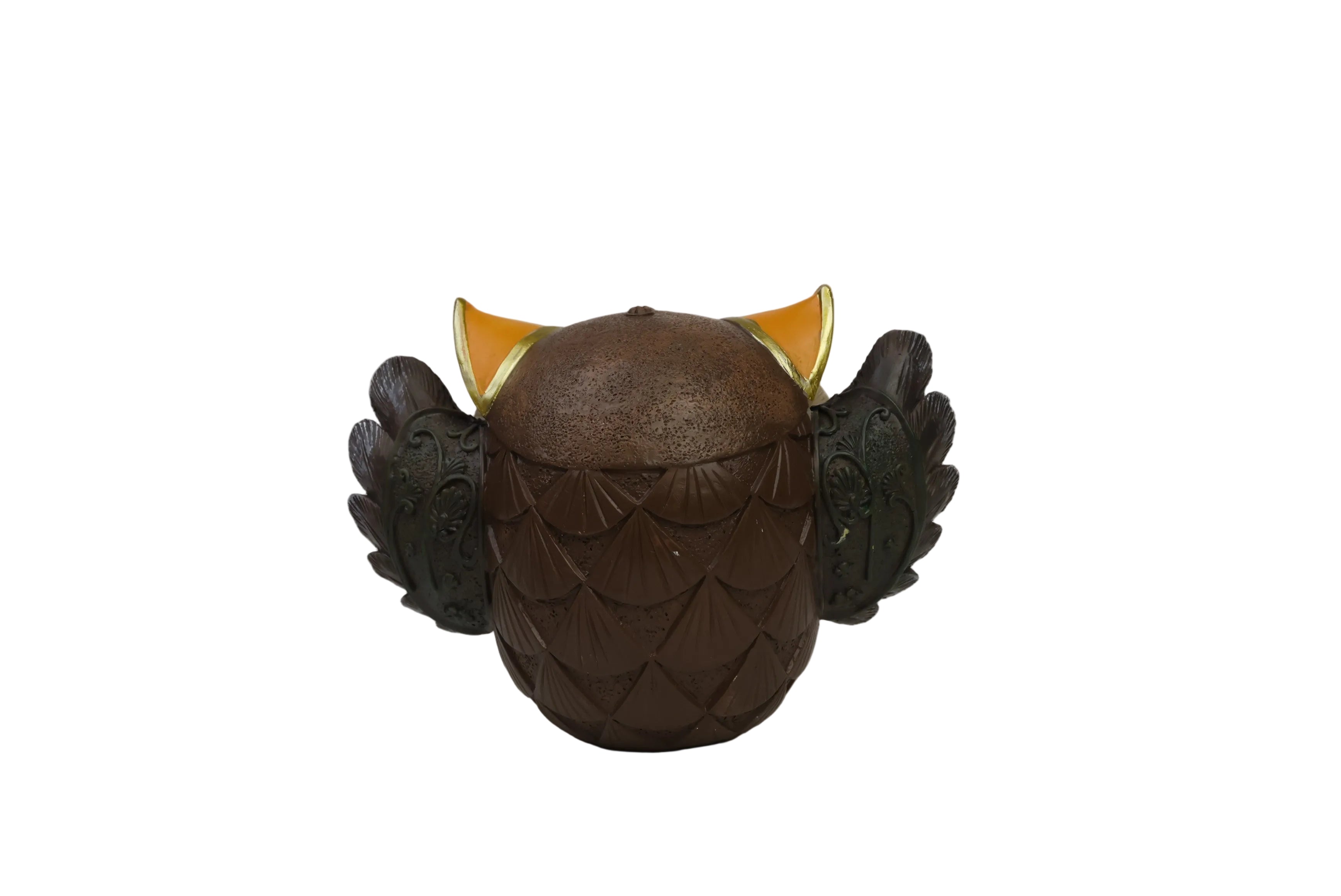Decorative owl figurine - front view with large green eyes and teal ear tufts