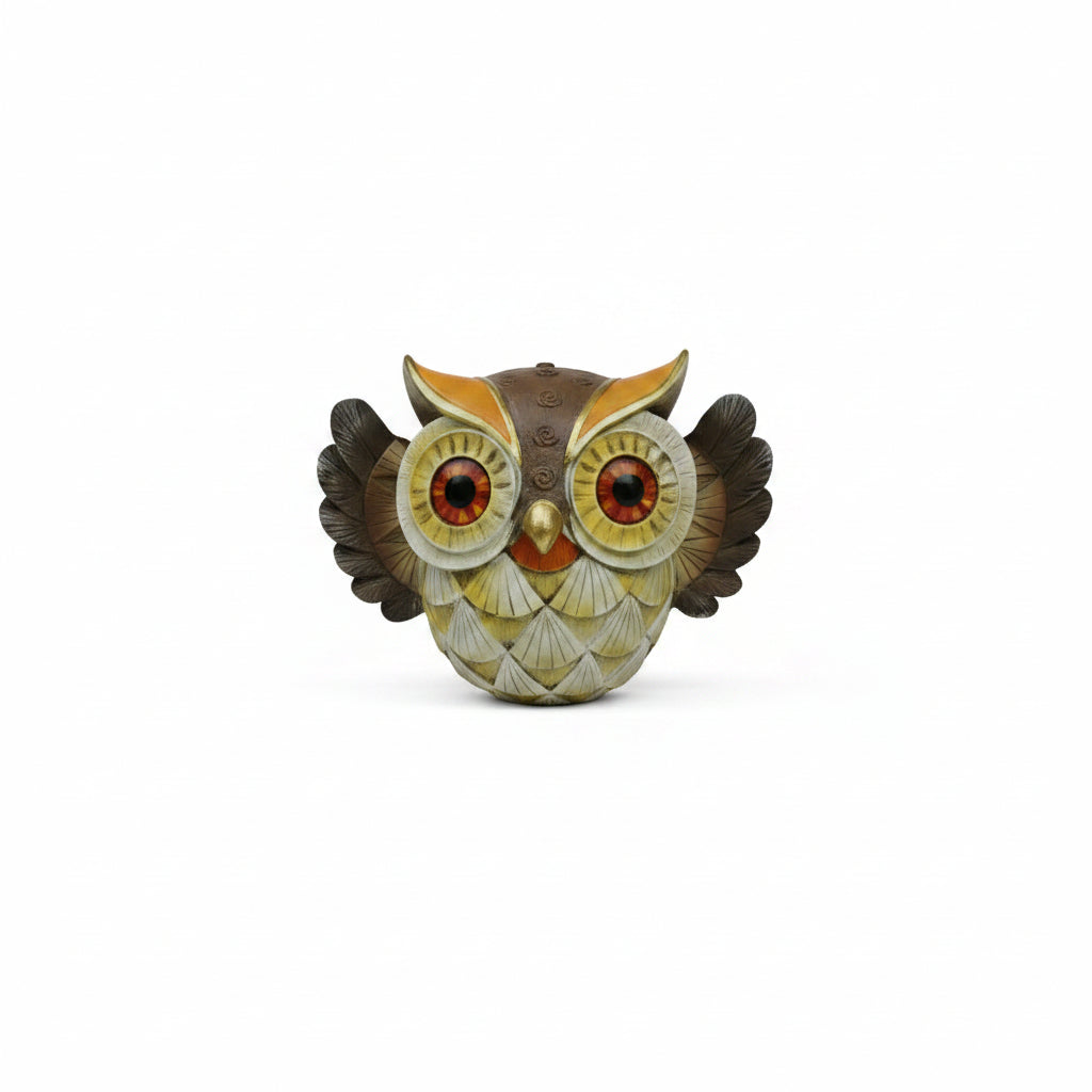Hand-painted decorative resin owl figurine with amber eyes, gold accents and spread wings