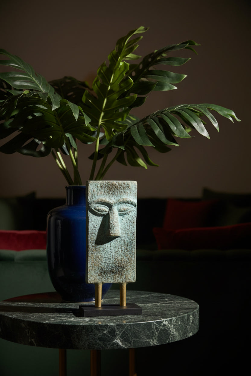 Abstract Tribal Face Mask Sculpture on Stand