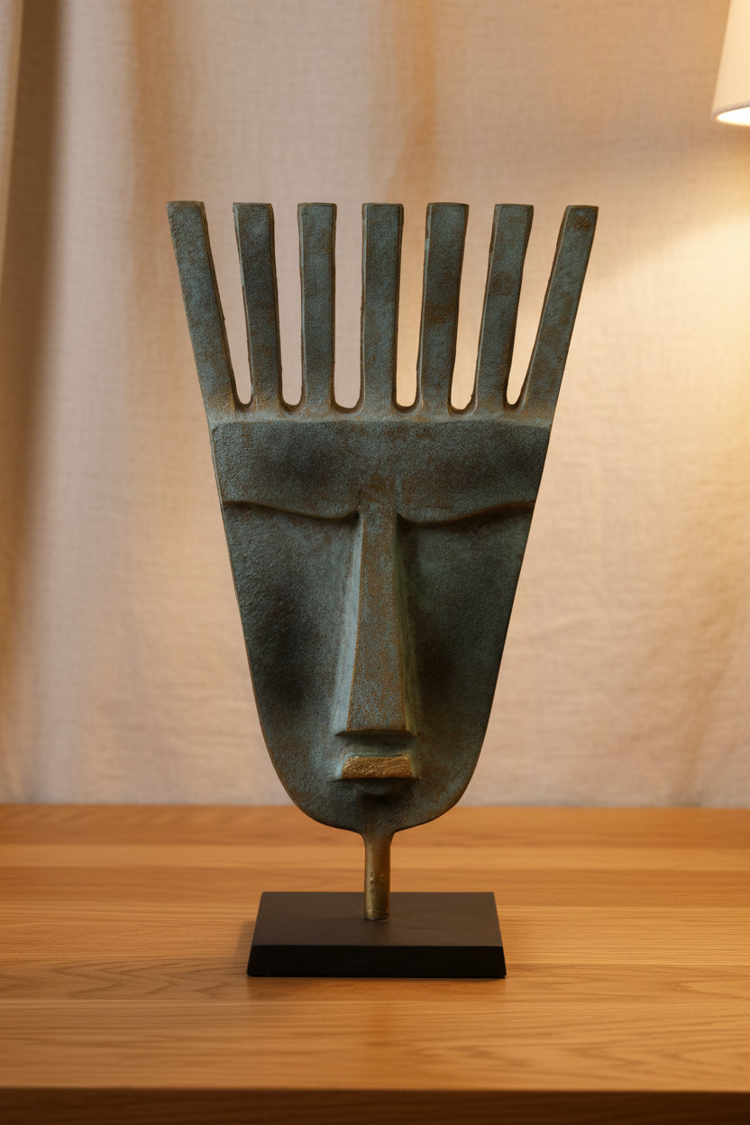 Abstract Tribal Face Mask Sculpture on Stand