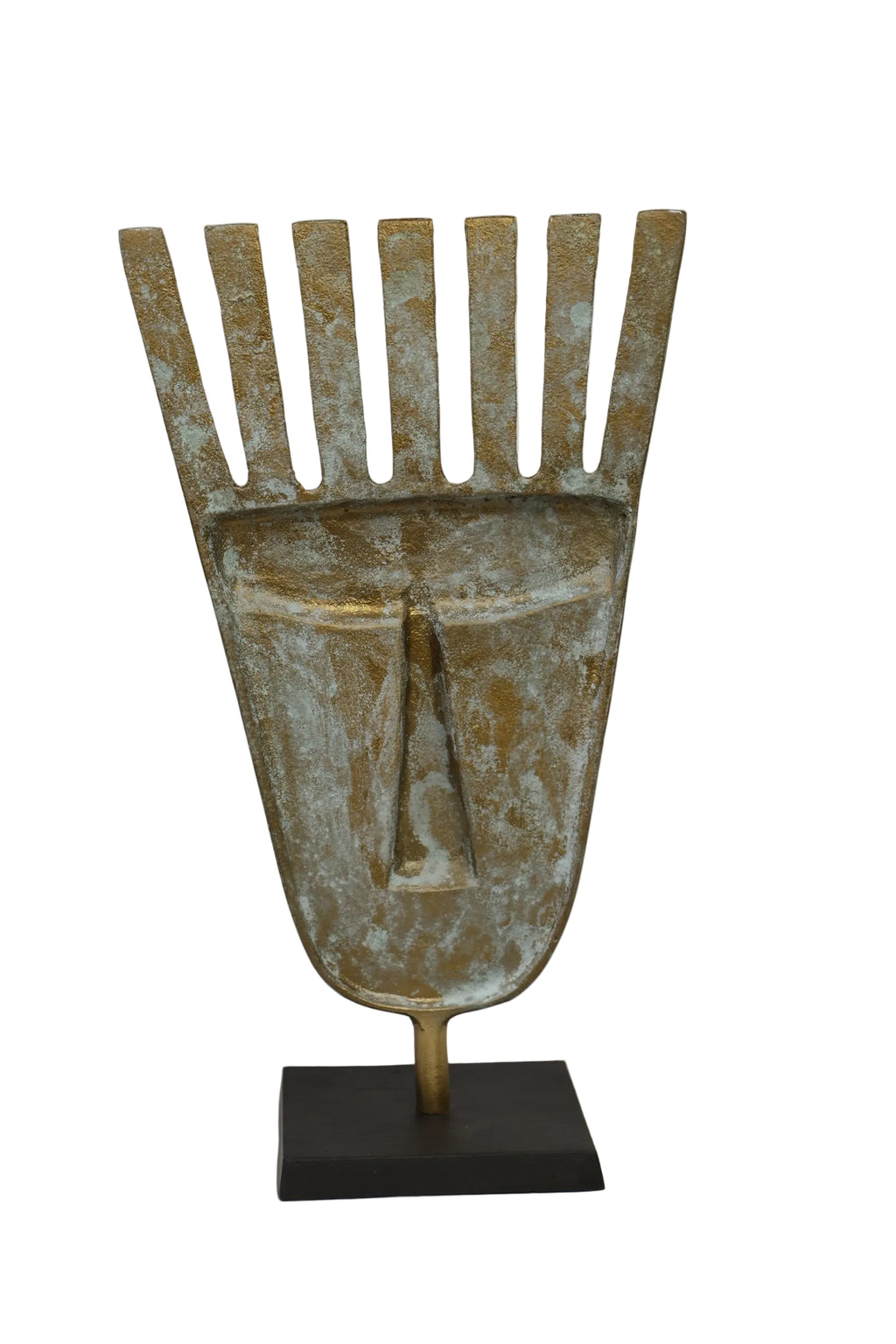 Abstract tribal face mask sculpture with verdigris bronze patina on matte black stand - front angle