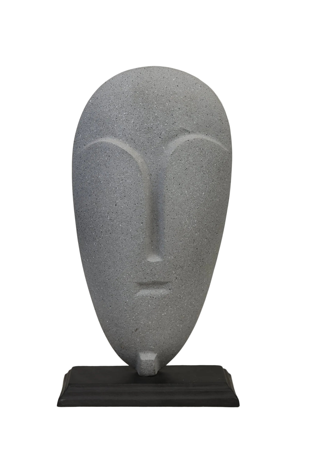 Abstract oval face mask sculpture in speckled concrete grey on matte black base - front view