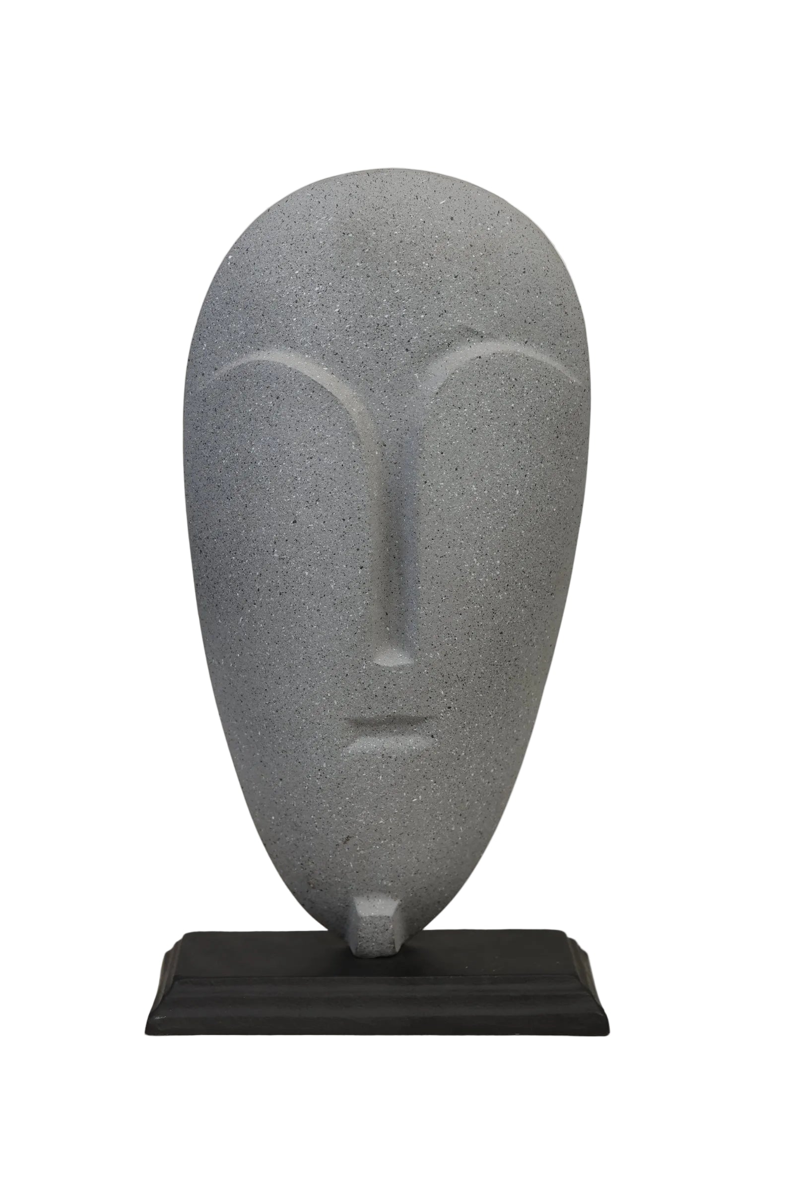 Abstract oval face mask sculpture in speckled concrete grey on matte black base - front view