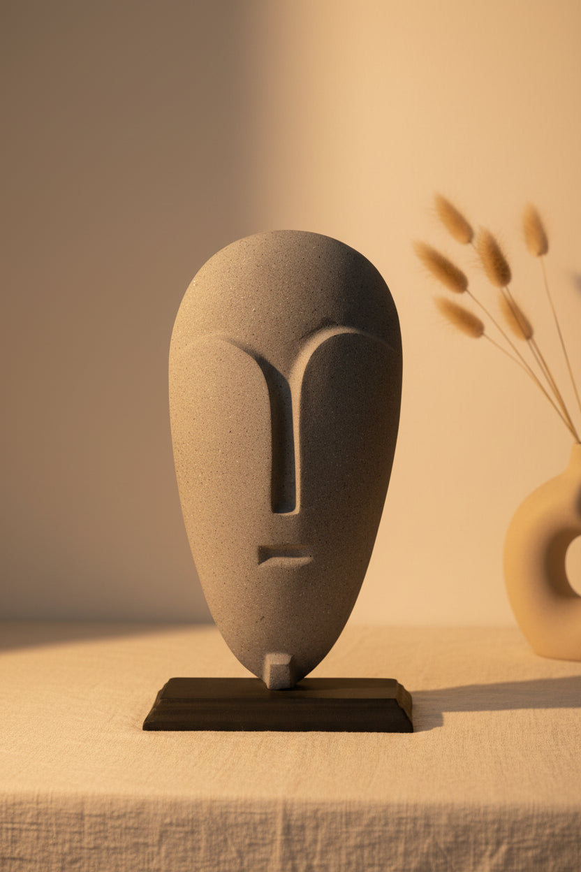 Abstract Stone Face Mask Sculpture on Stand