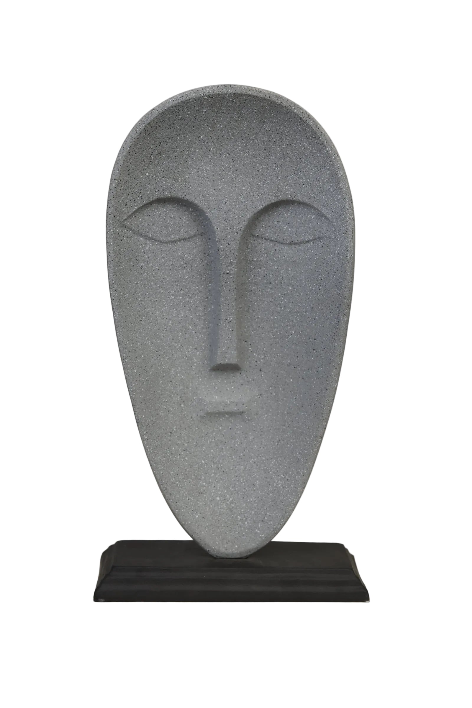 Abstract oval face mask sculpture in speckled concrete grey on matte black base - slight angle view