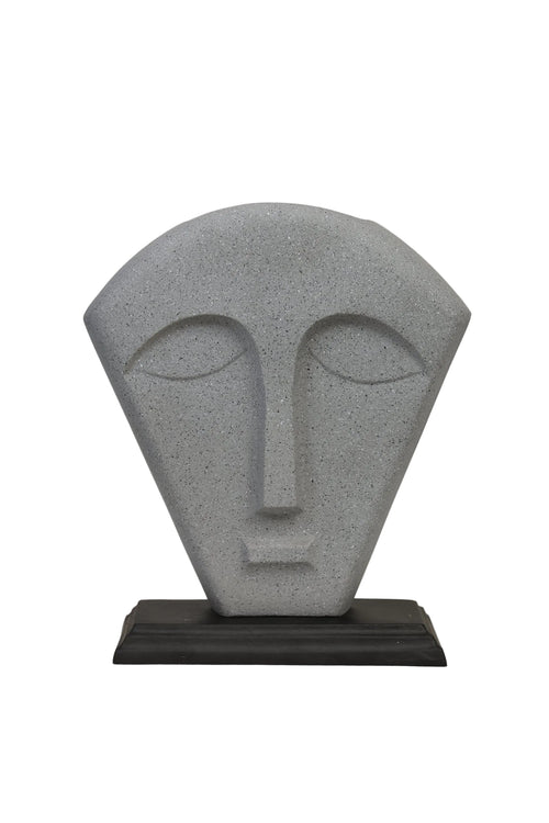 Abstract stone face mask sculpture in speckled concrete grey on dark wood base - front view