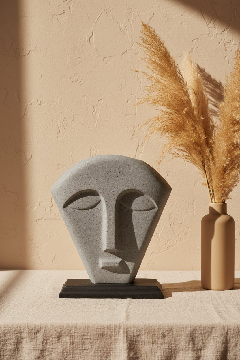 Abstract Stone Face Mask Sculpture on Stand