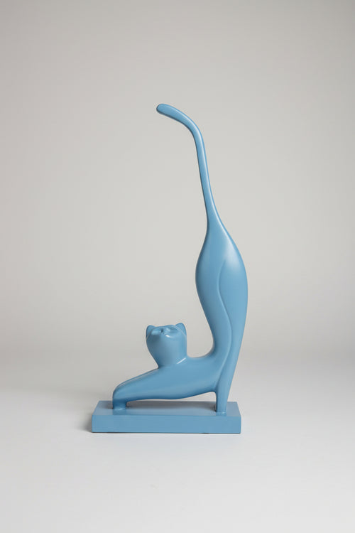Abstract stretching cat sculpture in sky blue matte finish on matching base