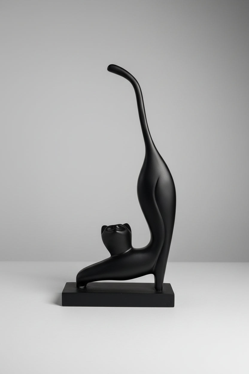 Abstract stretching cat sculpture in matte black finish on matching base