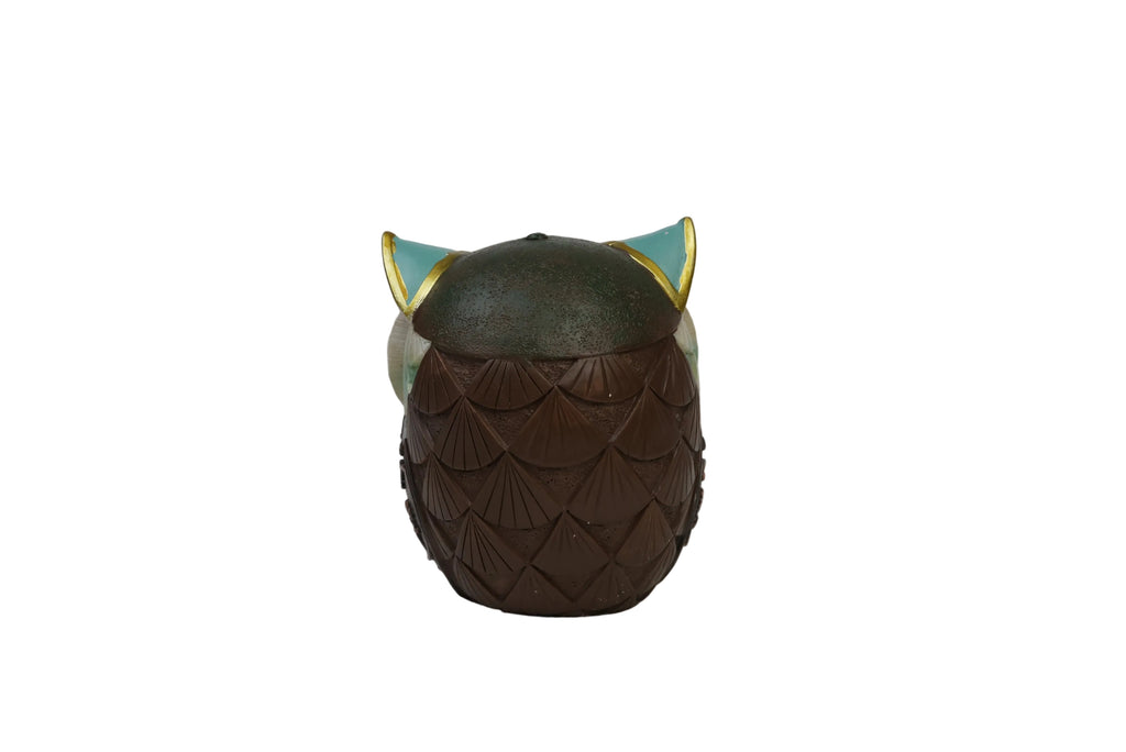 Decorative owl figurine - front view with green teal feathers, red ear tufts and gold beak