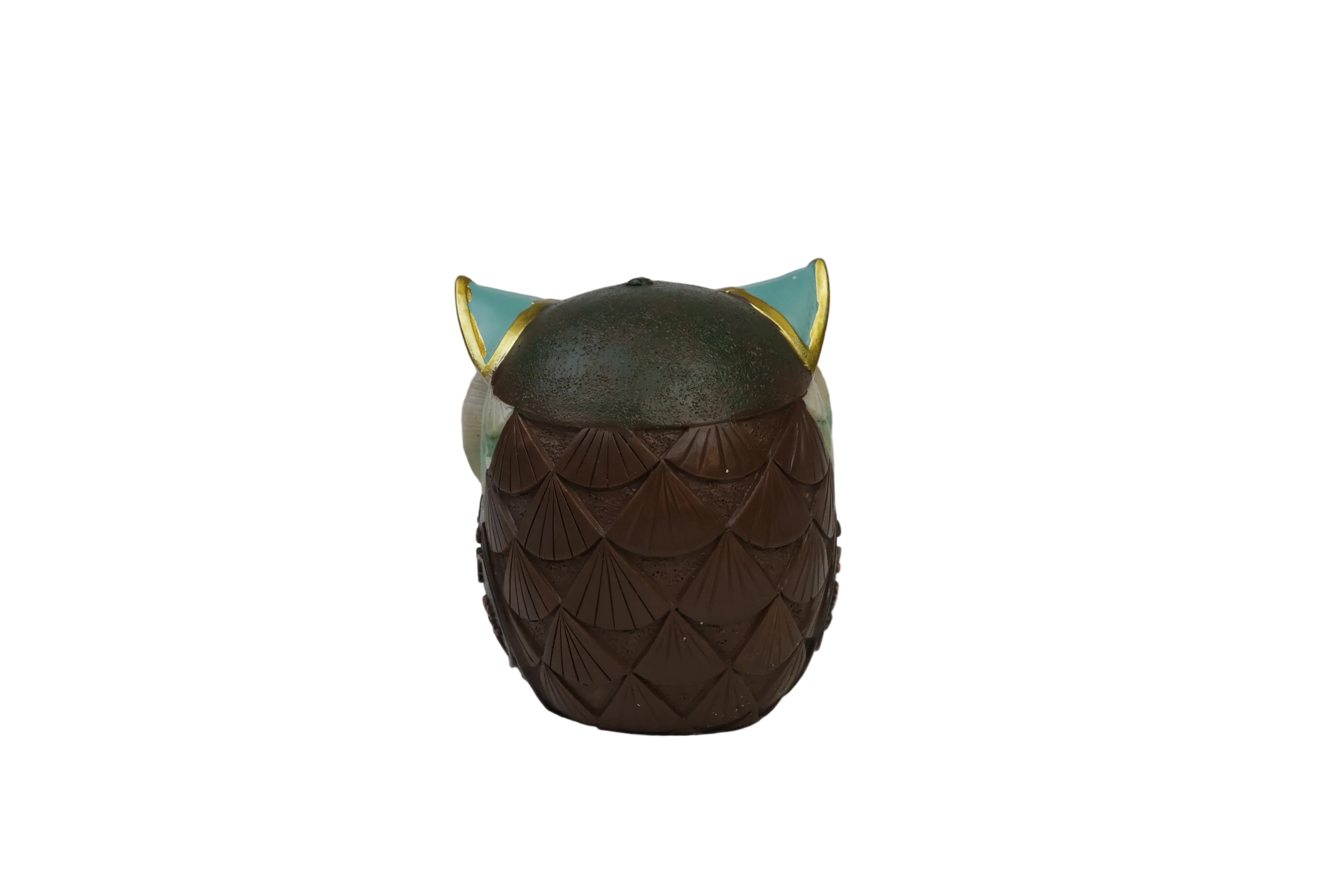 Decorative owl figurine - front view with green teal feathers, red ear tufts and gold beak
