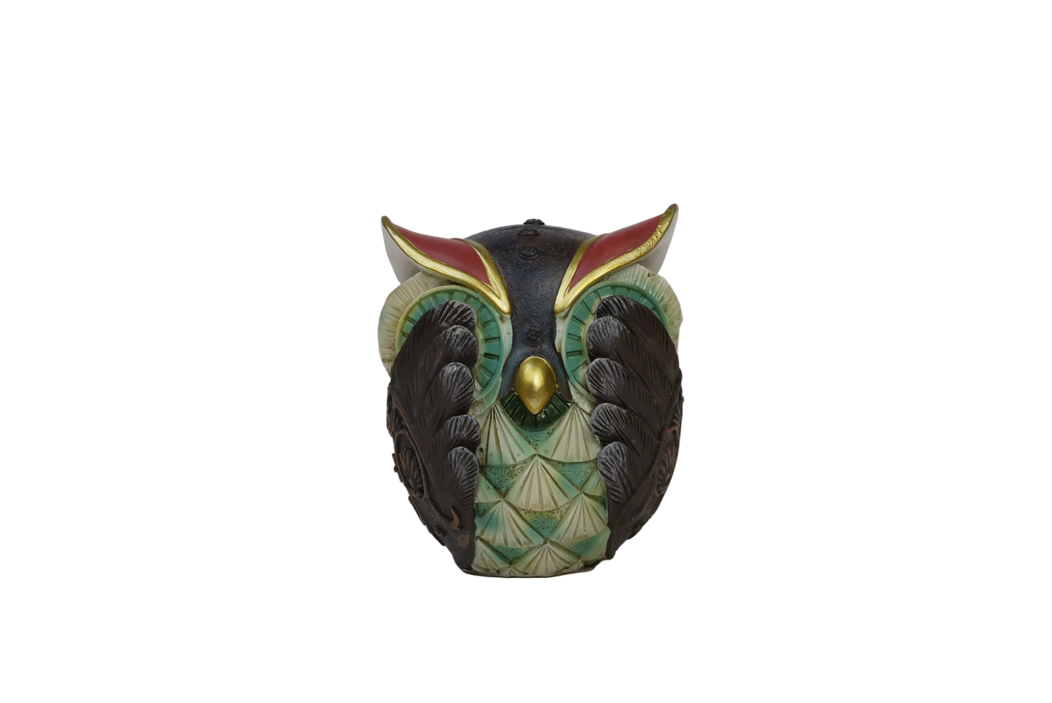 Decorative owl figurine - front view with red amber eyes, orange ear tufts and spread wings