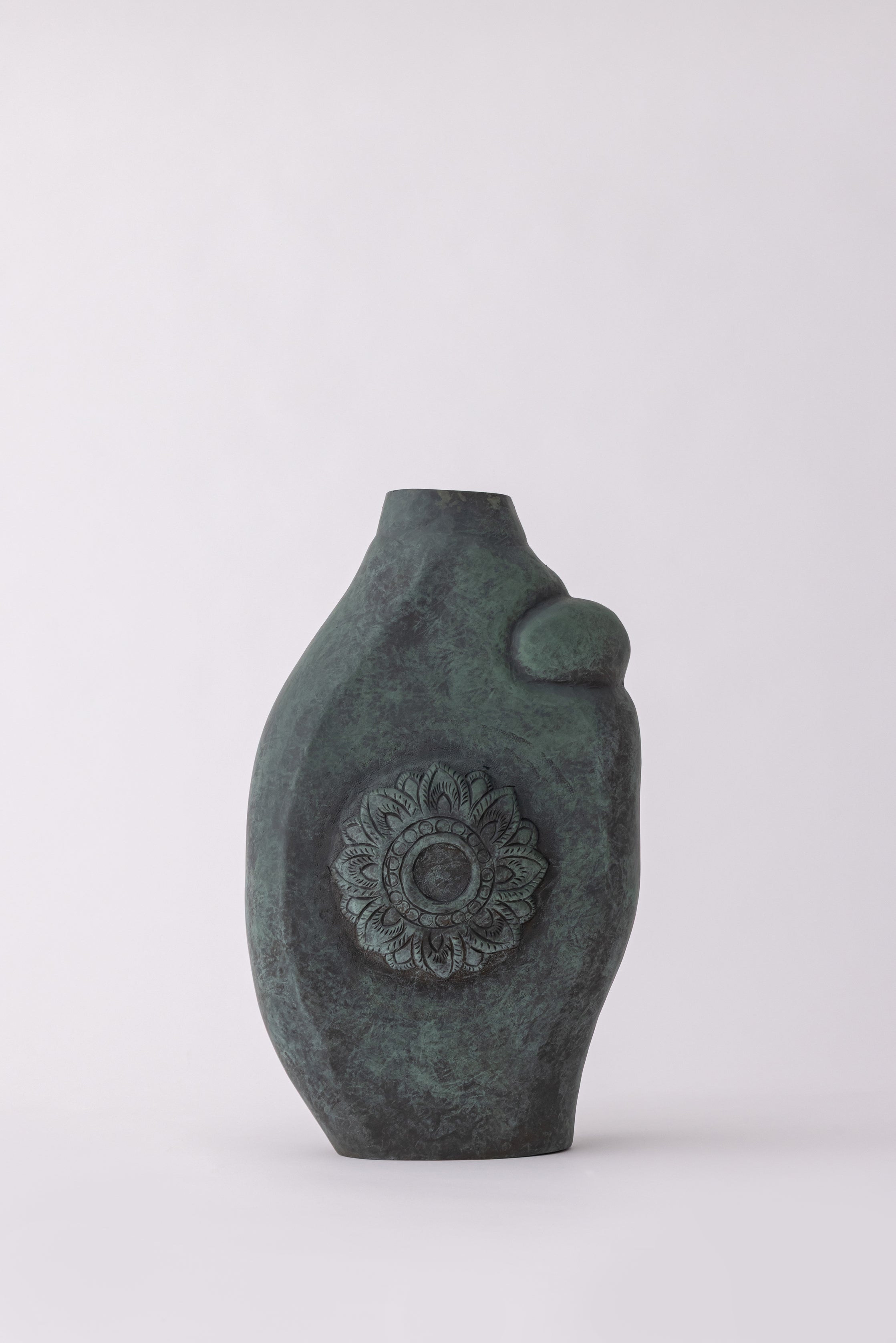 Verdigris Organic Form Vase with Lotus Medallion