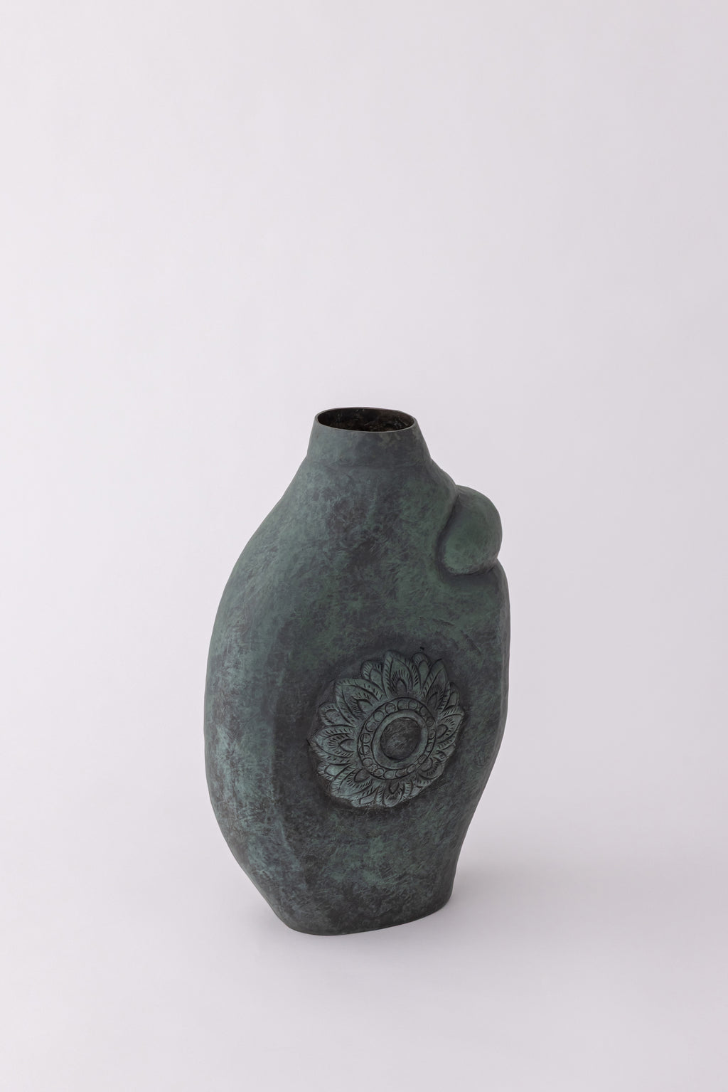 Verdigris Organic Form Vase with Lotus Medallion