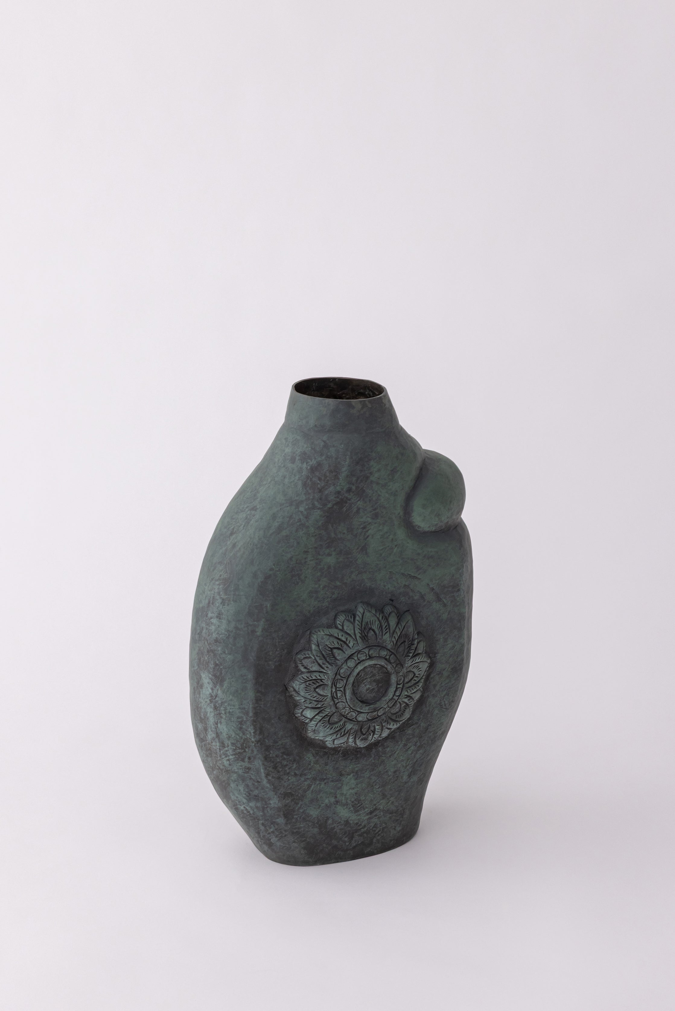 Verdigris Organic Form Vase with Lotus Medallion