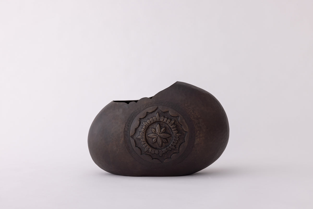 Pebble Form Sculptural Vase with Floral Medallion