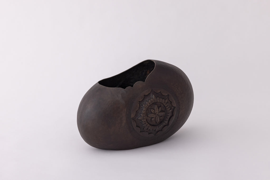 Pebble Form Sculptural Vase with Floral Medallion