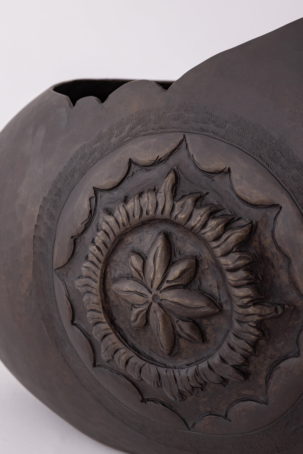Pebble Form Sculptural Vase with Floral Medallion
