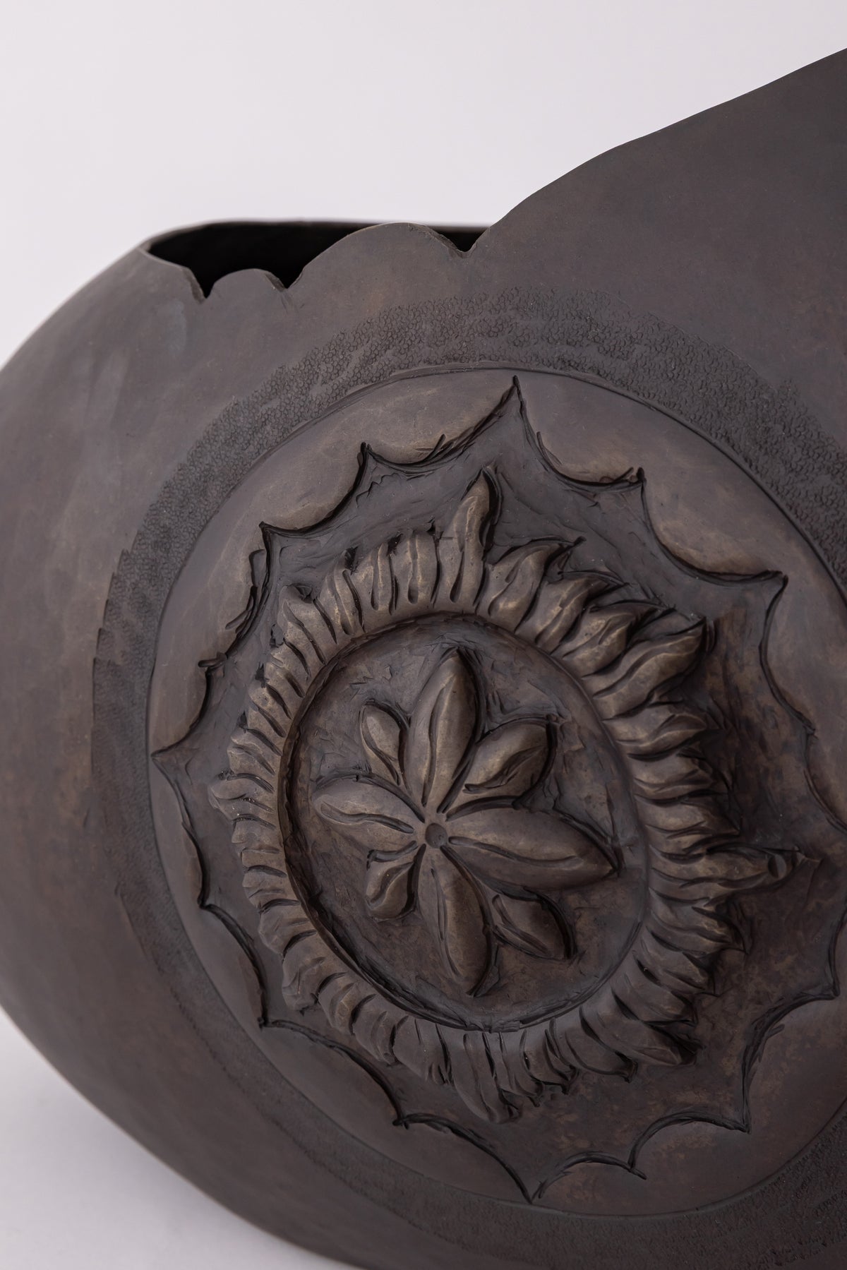 Pebble Form Sculptural Vase with Floral Medallion