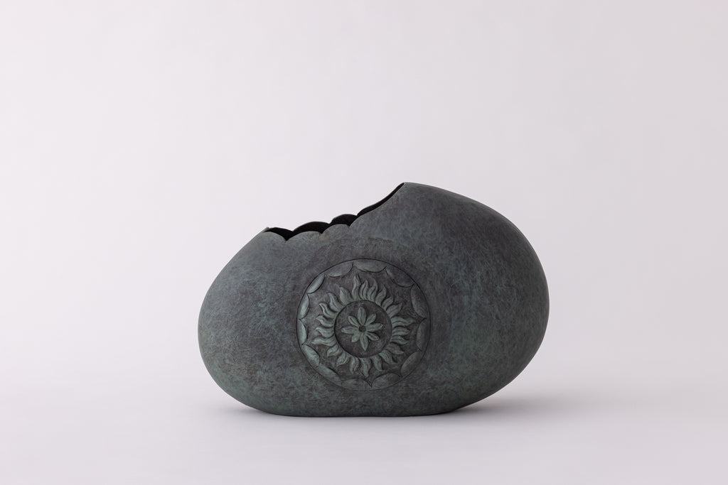 Pebble Form Sculptural Vase with Floral Medallion