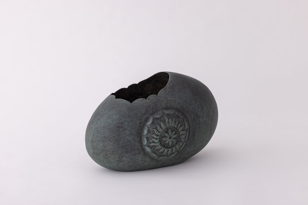 Pebble Form Sculptural Vase with Floral Medallion