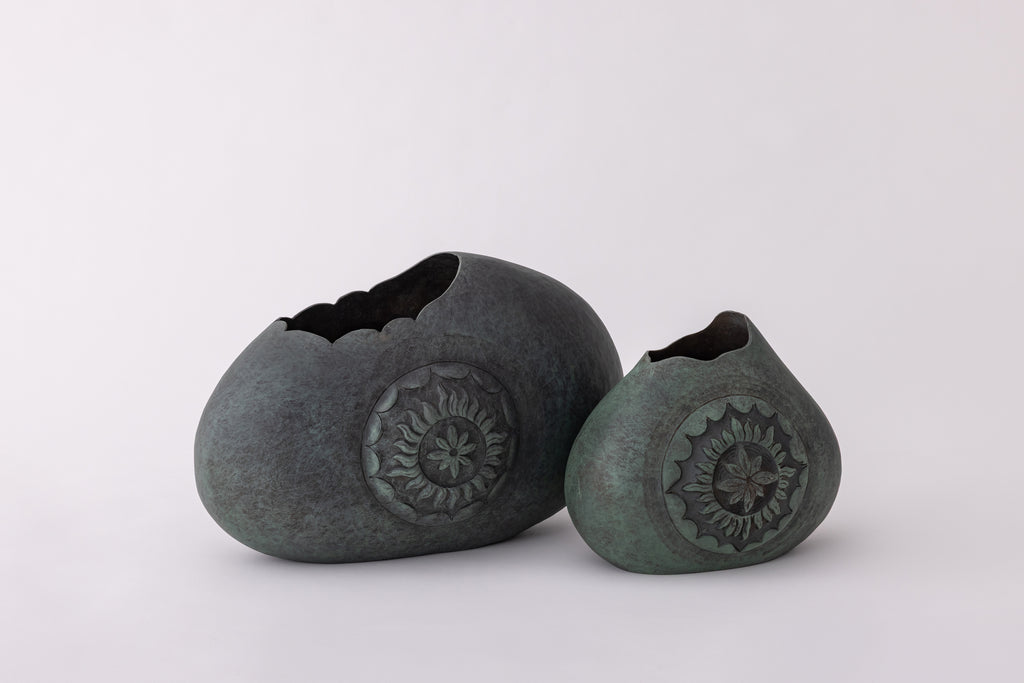 Pebble Form Sculptural Vase with Floral Medallion