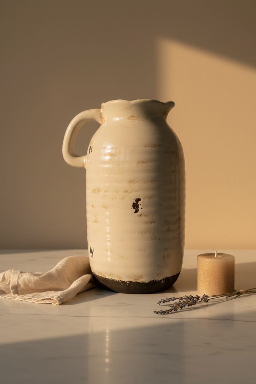 Ribbed Ceramic Pitcher Vase — Aesthetic Home Decor